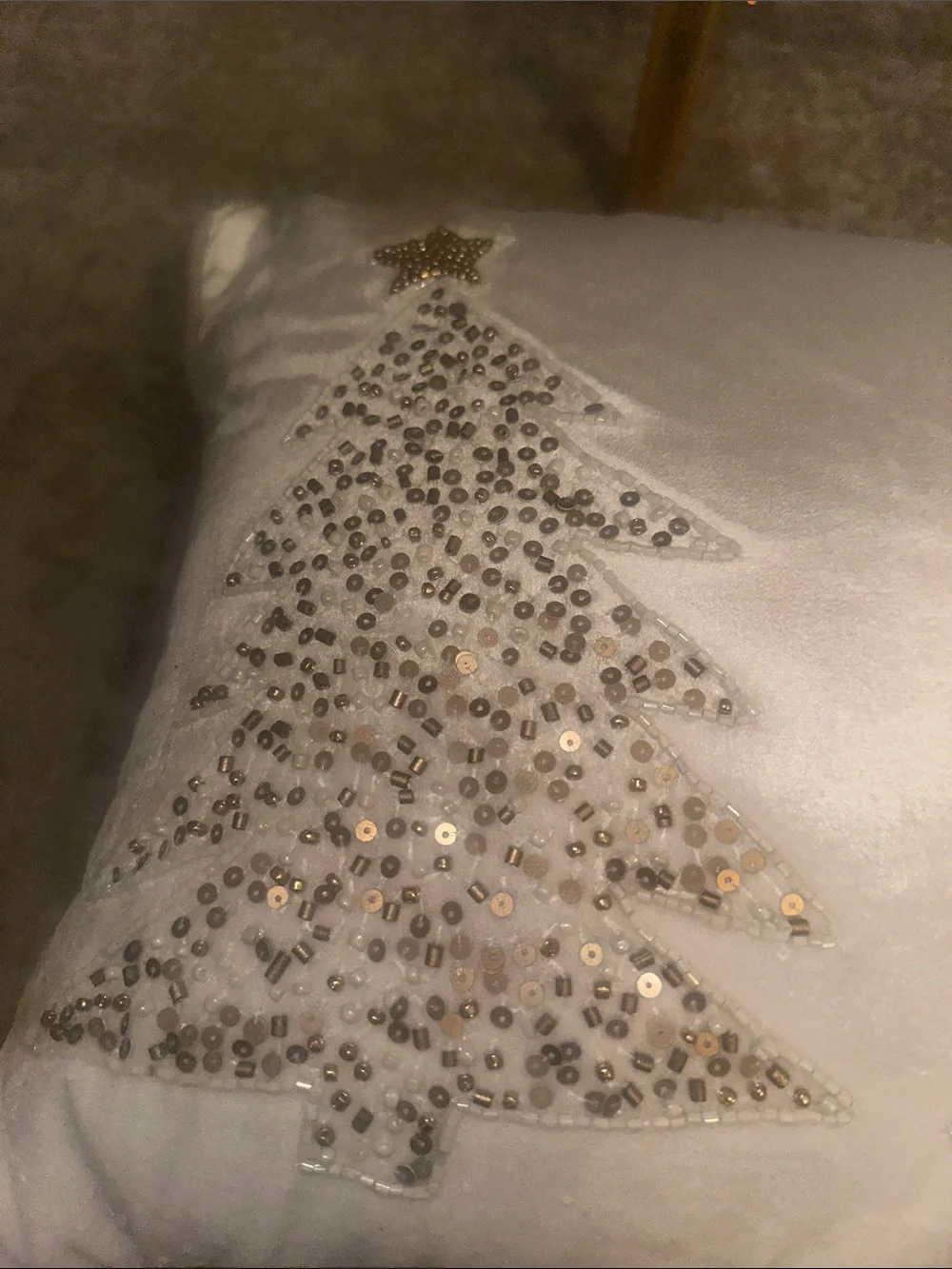 Christmas Holiday Sequin Tree Decorative Pillow - Cream and Gold